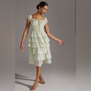 EUC ANTHROPOLOGIE CURRENT AIR Ruffled Tiered Midi Dress Light Green Cap Sleeve